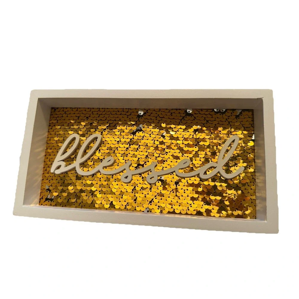 Blessed Sequin Sign Shelf Sitter Home Decor Gold White